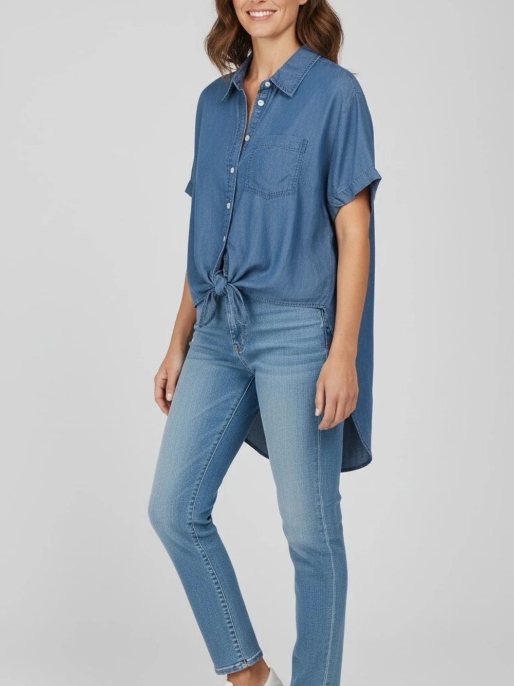 Michael Kors Women's Short Sleeve Button-Front Tie Hem Shirt - Denim Blue
